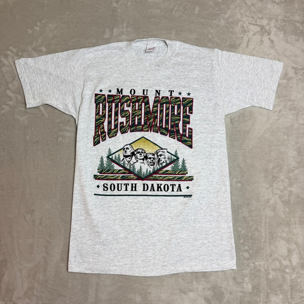 VTG Jerzees Mount Rushmore T Shirt Men L (Fit S) Gray 1991 Single Stitch EUC